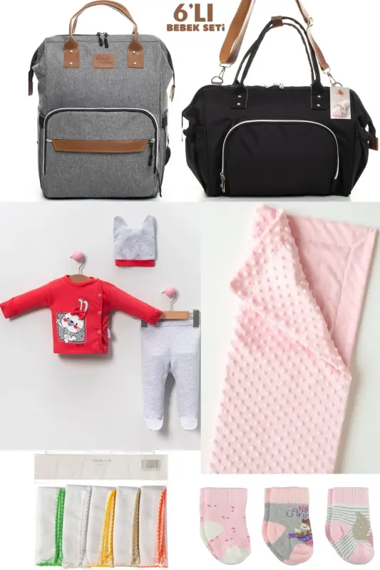 6-PIECE BABY BIRTH SET (HOSPITAL OUTFIT, MOM&BABY CARE SHOULDER AND BACKPACK, BLANKET, SOCKS AND HANDKERCHIEF)-GRAY - 1