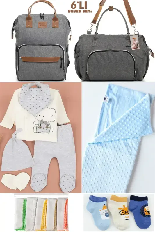 6-PIECE BABY BIRTH SET (HOSPITAL OUTFIT, MOM&BABY CARE SHOULDER AND BACKPACK, BLANKET, SOCKS AND HANDKERCHIEF)-GRAY - BOMBINOO