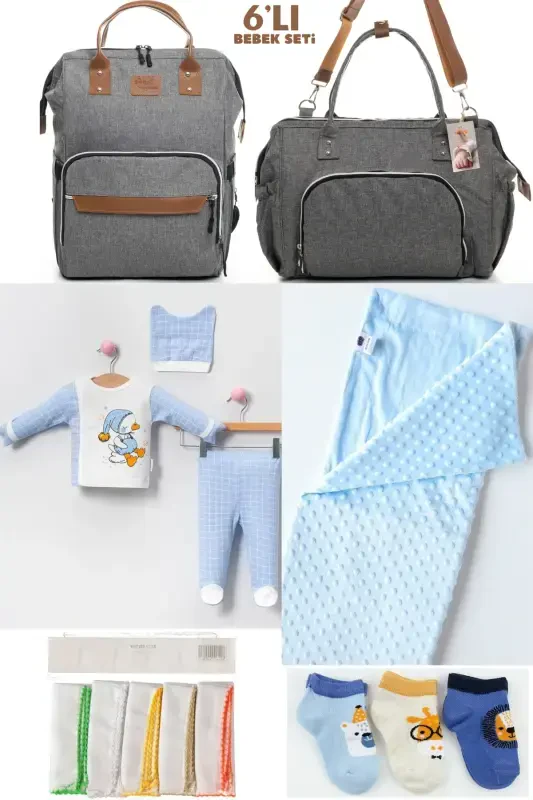 6-PIECE BABY BIRTH SET (HOSPITAL OUTFIT, MOM&BABY CARE SHOULDER AND BACKPACK, BLANKET, SOCKS AND HANDKERCHIEF)-GRAY - 1
