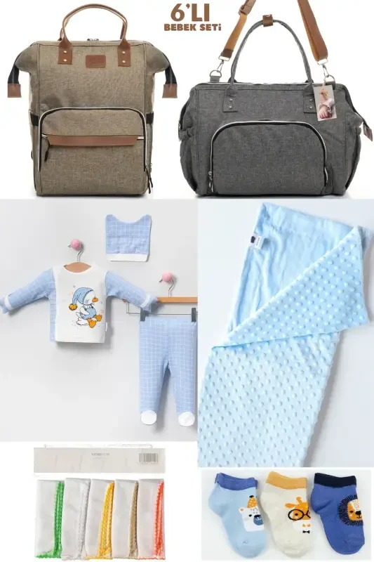 6-PIECE BABY BIRTH SET (HOSPITAL OUTFIT, MOM&BABY CARE SHOULDER & BACKPACK, BLANKET, SOCKS AND CLOTH)-BEIGE - 1