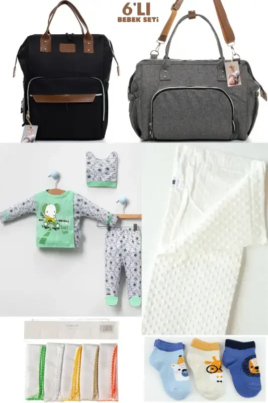 6-PIECE BABY BIRTH SET (HOSPITAL OUTFIT, MOM&BABY CARE SHOULDER & BACKPACK, BLANKET, SOCKS AND HANDKERCHIEF)-BLACK - 1