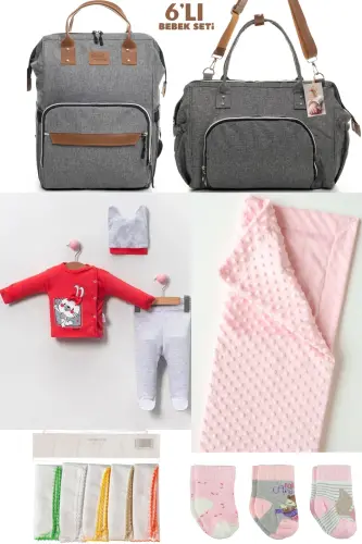 6-PIECE BABY BIRTH SET (HOSPITAL OUTFIT, MOM&BABY CARE SHOULDER & BACKPACK, BLANKET, SOCKS & CLOTH)-GRAY 