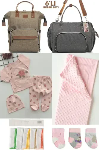 6-PIECE BABY BIRTH SET (HOSPITAL OUTFIT, MOM&BABY CARE SHOULDER&BACKPACK, BLANKET, SOCKS AND CLOTH)-BEIGE - 1