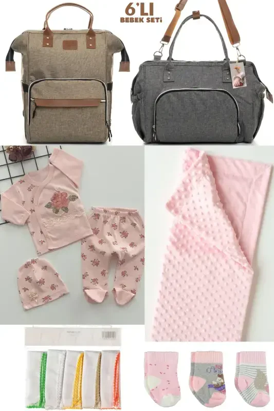 6-PIECE BABY BIRTH SET (HOSPITAL OUTFIT, MOM&BABY CARE SHOULDER&BACKPACK, BLANKET, SOCKS AND CLOTH)-BEIGE - BOMBINOO