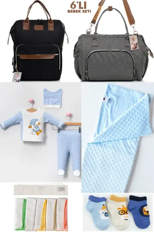 6-PIECE BABY BIRTH SET (HOSPITAL OUTFIT, MOM&BABY CARE SHOULDER&BACKPACK, BLANKET, SOCKS AND CLOTH)-BLACK - 1