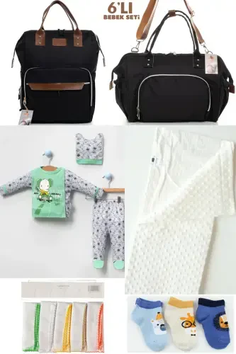 6-PIECE BABY BIRTH SET (HOSPITAL OUTFIT, MOM&BABY CARE SHOULDER&BACKPACK, BLANKET, SOCKS AND CLOTH)-BLACK - 1
