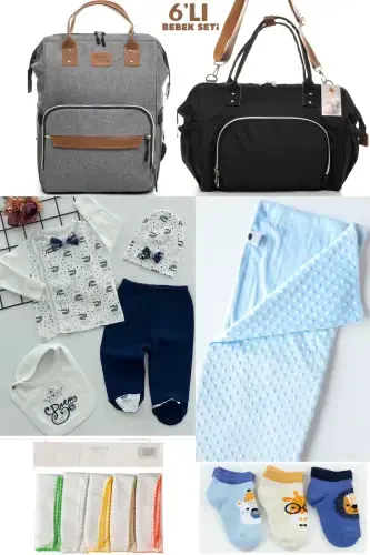 6-PIECE BABY BIRTH SET (HOSPITAL OUTFIT, MOM&BABY CARE SHOULDER&BACKPACK, BLANKET, SOCKS AND HANDKERCHIEF)-GRAY - 1