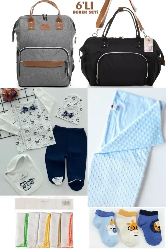 6-PIECE BABY BIRTH SET (HOSPITAL OUTFIT, MOM&BABY CARE SHOULDER&BACKPACK, BLANKET, SOCKS AND HANDKERCHIEF)-GRAY - 1