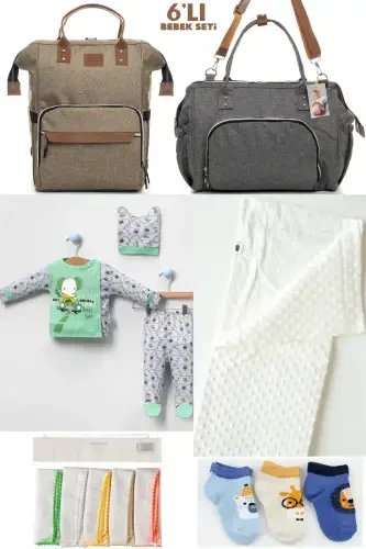 6-PIECE BABY NEWBORN SET (HOSPITAL OUTFIT, MOM&BABY CARE SHOULDER AND BACKPACK, BLANKET, SOCKS AND CLOTH)-BEIGE - 1