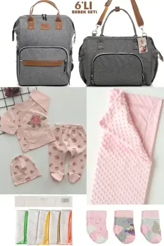 6-PIECE BABY NEWBORN SET (HOSPITAL OUTFIT, MOM&BABY CARE SHOULDER AND BACKPACK, BLANKET, SOCKS AND CLOTH)-GRAY - 1