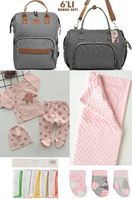 6-PIECE BABY NEWBORN SET (HOSPITAL OUTFIT, MOM&BABY CARE SHOULDER AND BACKPACK, BLANKET, SOCKS AND CLOTH)-GRAY - 1
