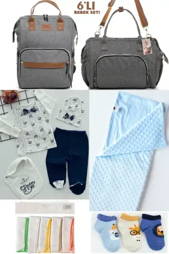 6-PIECE BABY NEWBORN SET (HOSPITAL OUTFIT, MOM&BABY CARE SHOULDER&BACKPACK, BLANKET, SOCKS AND CLOTH)-GREY - 1