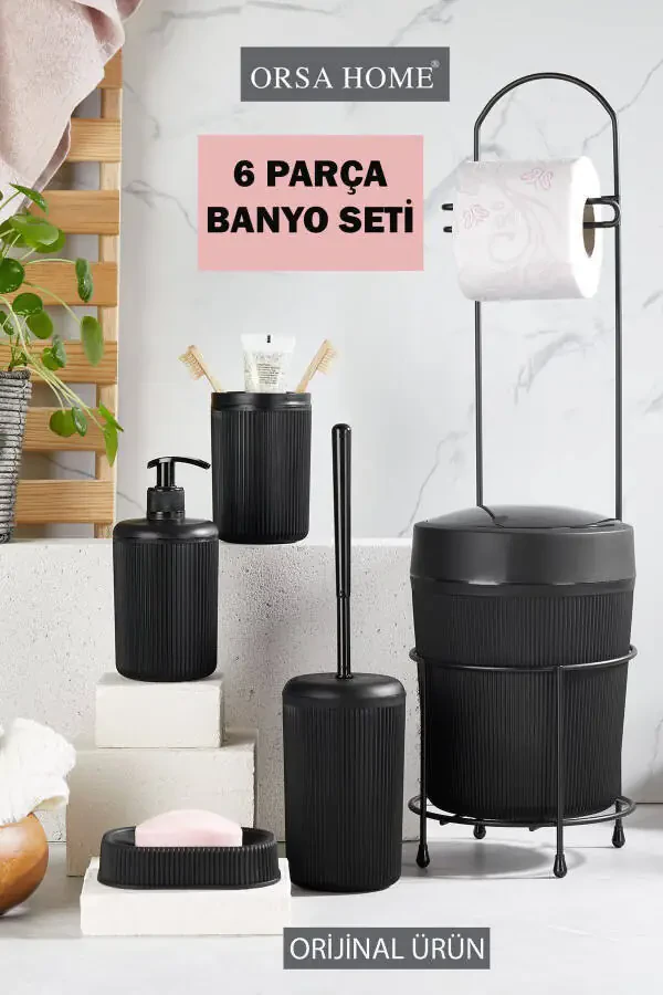 6 Piece Black Bathroom Set with Metal Stand: Toilet Paper Holder, Trash Can with Brush, Soap Dish (Solid/Liquid), Toothbrush Holder - 1