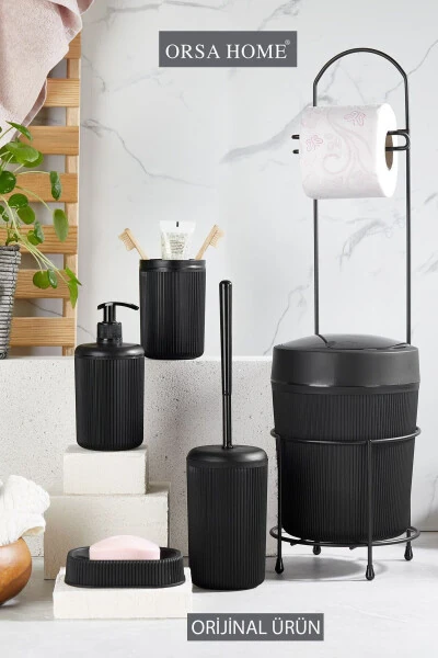 6 Piece Black Bathroom Set with Metal Stand: Toilet Paper Holder, Trash Can with Brush, Soap Dish (Solid/Liquid), Toothbrush Holder - ORSA HOME (1)