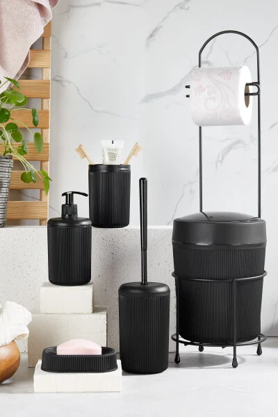6 Piece Black Bathroom Set with Metal Stand: Toilet Paper Holder, Trash Can with Brush, Soap Dish (Solid/Liquid), Toothbrush Holder - 3