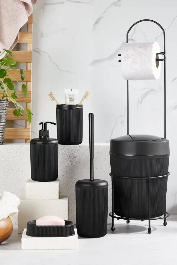 6 Piece Black Bathroom Set with Metal Stand: Toilet Paper Holder, Trash Can with Brush, Soap Dish (Solid/Liquid), Toothbrush Holder - 3