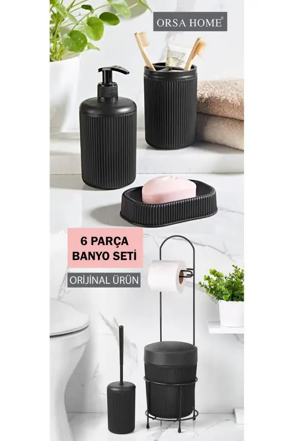6 Piece Black Bathroom Set with Metal Stand: Toilet Paper Holder, Trash Can with Brush, Soap Dish (Solid/Liquid), Toothbrush Holder - 4