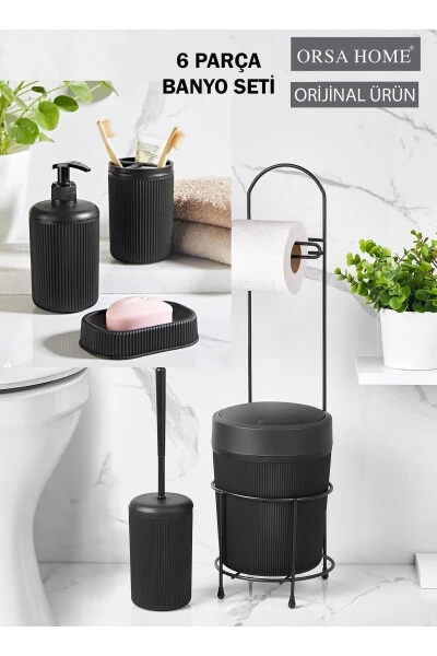 6 Piece Black Bathroom Set with Metal Stand: Toilet Paper Holder, Trash Can with Brush, Soap Dish (Solid/Liquid), Toothbrush Holder - 5