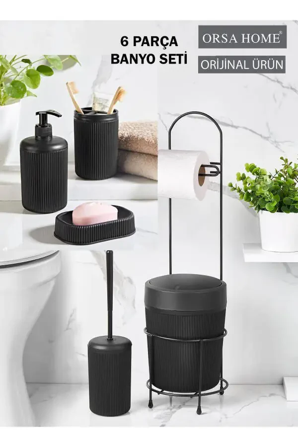 6 Piece Black Bathroom Set with Metal Stand: Toilet Paper Holder, Trash Can with Brush, Soap Dish (Solid/Liquid), Toothbrush Holder - 5