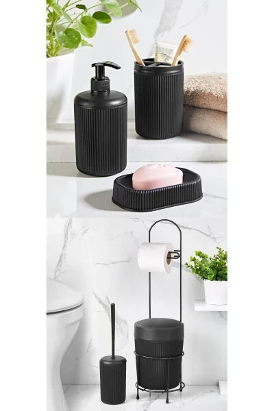 6 Piece Black Bathroom Set with Metal Stand: Toilet Paper Holder, Trash Can with Brush, Soap Dish (Solid/Liquid), Toothbrush Holder - 6