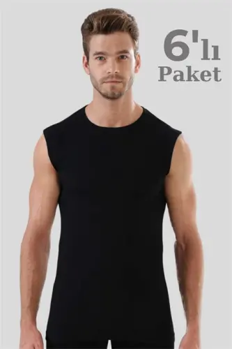 6 Piece Black Sleeveless Men's Athletic Tank Top Round Neck Zero Sleeve T-Shirt 100% Cotton - 2