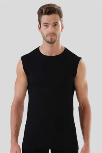 6 Piece Black Sleeveless Men's Athletic Tank Top Round Neck Zero Sleeve T-Shirt 100% Cotton - 4