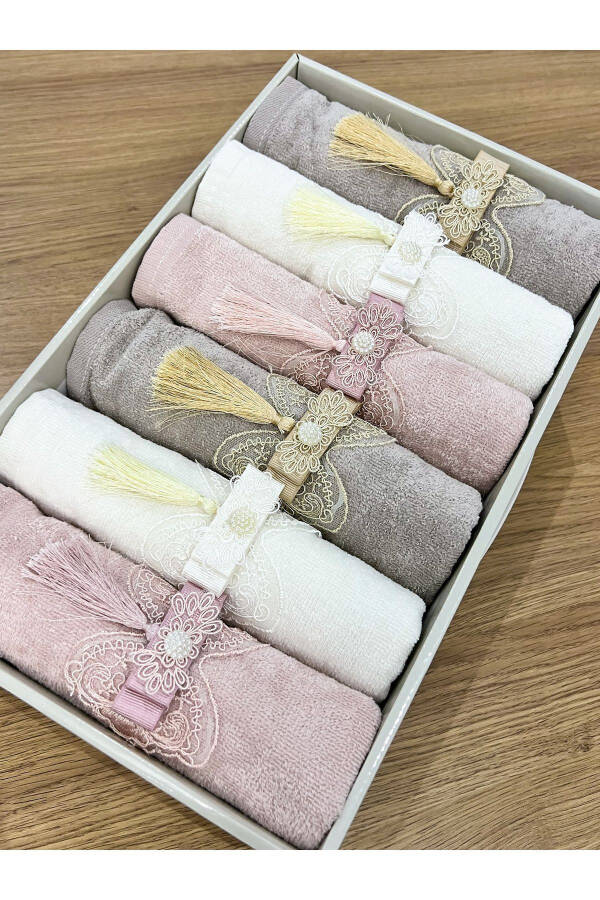 6-Piece Boxed Velvet Hand and Face Towel with Bows and Tassels, 50x90 cm - 1