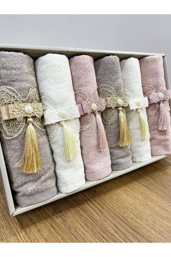 6-Piece Boxed Velvet Hand and Face Towel with Bows and Tassels, 50x90 cm - 2