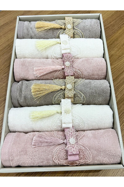 6-Piece Boxed Velvet Hand and Face Towel with Bows and Tassels, 50x90 cm - 3