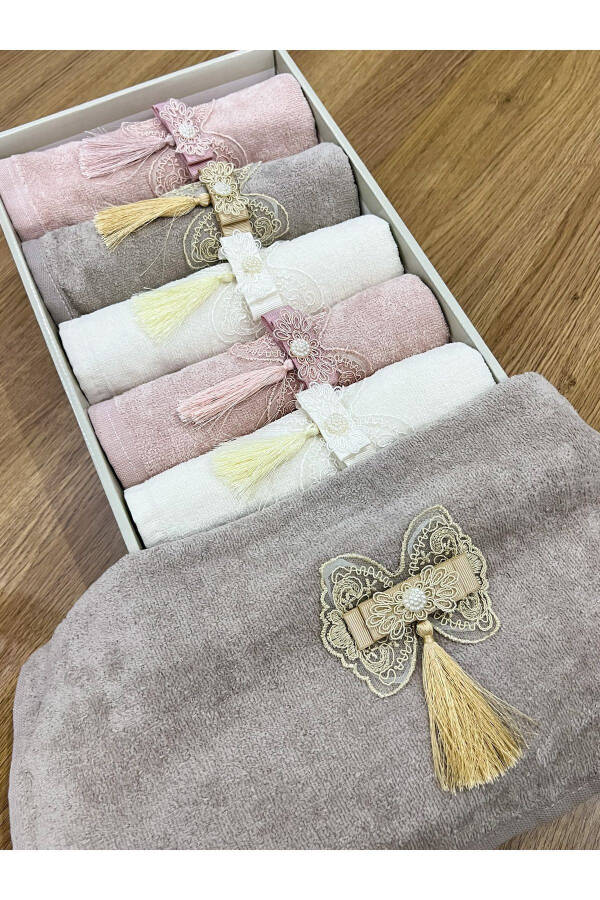 6-Piece Boxed Velvet Hand and Face Towel with Bows and Tassels, 50x90 cm - 4