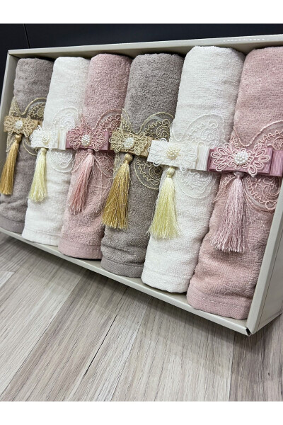 6-Piece Boxed Velvet Hand and Face Towel with Bows and Tassels, 50x90 cm - 5