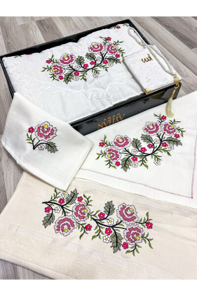 6-piece embroidered prayer rug set with box, dowry bridal groom prayer rug set. 