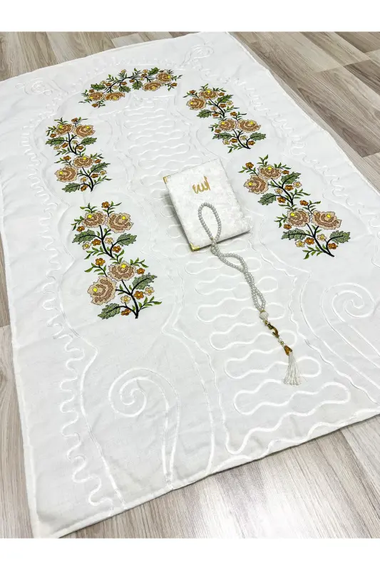 6 Piece Etamin Embroidered Boxed Prayer Rug Set Trousseau Bundling Bride Groom Prayer Rug Set - Cream-Yellow - 3