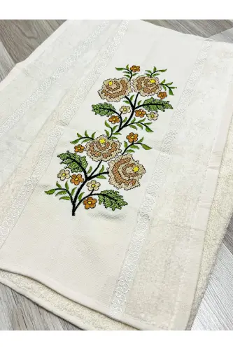 6 Piece Etamin Embroidered Boxed Prayer Rug Set Trousseau Bundling Bride Groom Prayer Rug Set - Cream-Yellow - 4