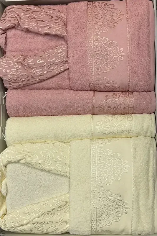 6 Piece Family Bathrobe Set - 100% Cotton - Dowry Bathrobe Set - Cream - 1