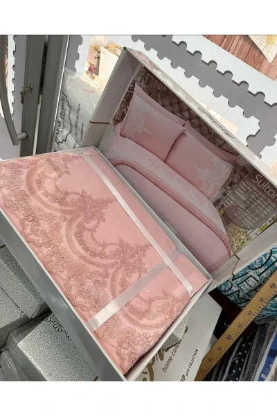 6-Piece French Lace Duvet Set for Dowry, Powder Color - COCOTARZ