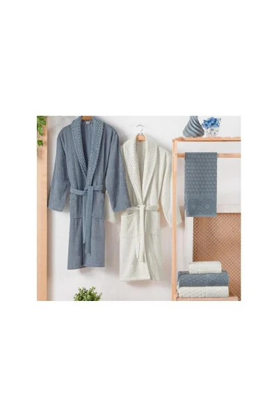 6-Piece Indigo/Cream Bathrobe Set - GENEL MARKALAR (1)
