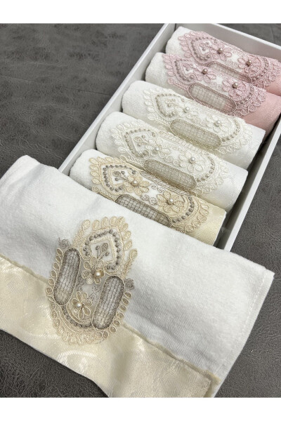 6-Piece Lace Embroidered Satin Boxed Dowry 30x50 Kitchen Towel Set - 1