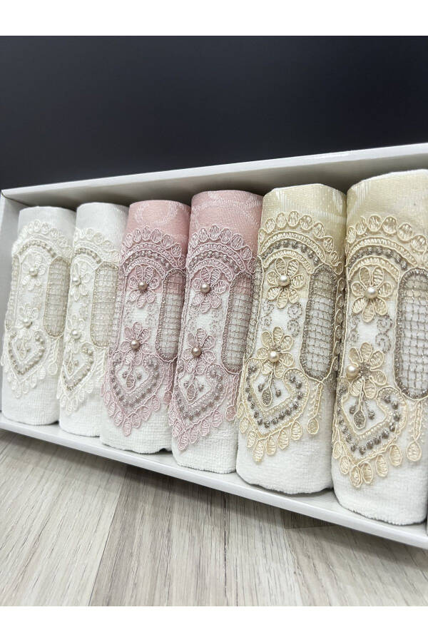 6-Piece Lace Embroidered Satin Boxed Dowry 30x50 Kitchen Towel Set - 2