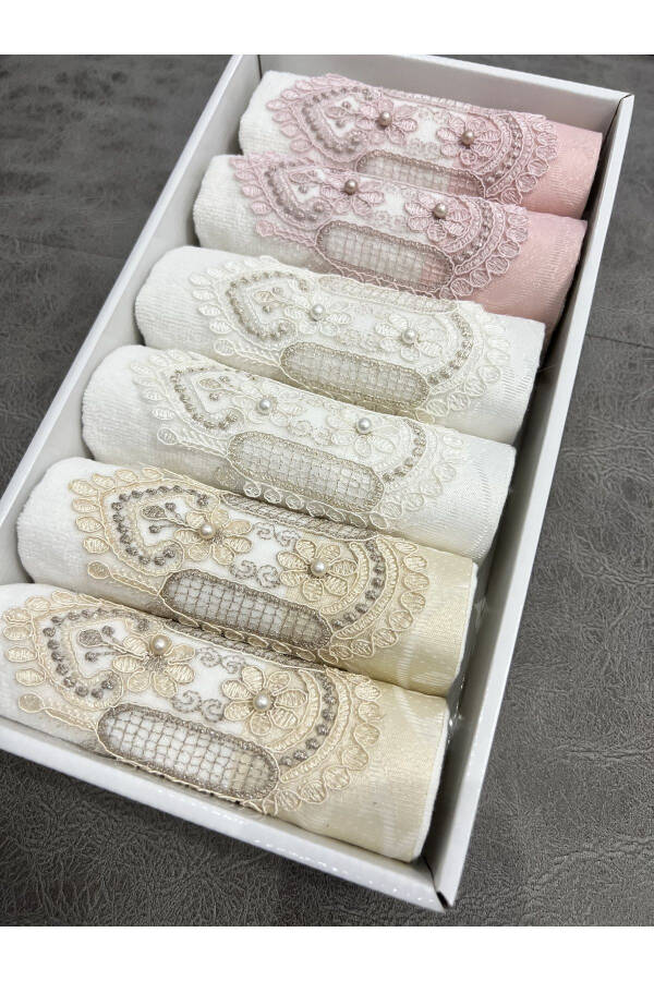 6-Piece Lace Embroidered Satin Boxed Dowry 30x50 Kitchen Towel Set - 3