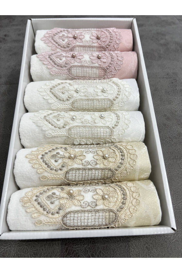 6-Piece Lace Embroidered Satin Boxed Dowry 30x50 Kitchen Towel Set - 4