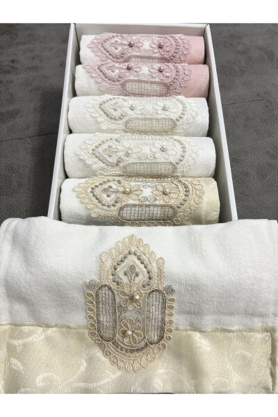 6-Piece Lace Embroidered Satin Boxed Dowry 30x50 Kitchen Towel Set - 5