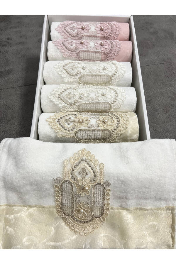 6-Piece Lace Embroidered Satin Boxed Dowry 30x50 Kitchen Towel Set - 10