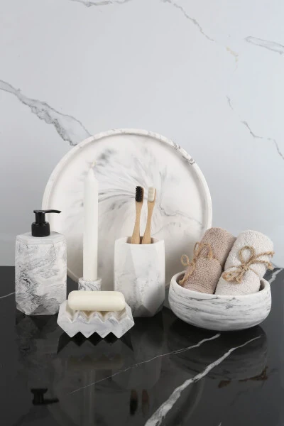 6-Piece Marble Pattern Concrete Bathroom Set: Solid Soap Dish, Liquid Soap Dispenser, Toothbrush Holder, Towel Holder, Incense Holder, Tray - BETONMALL