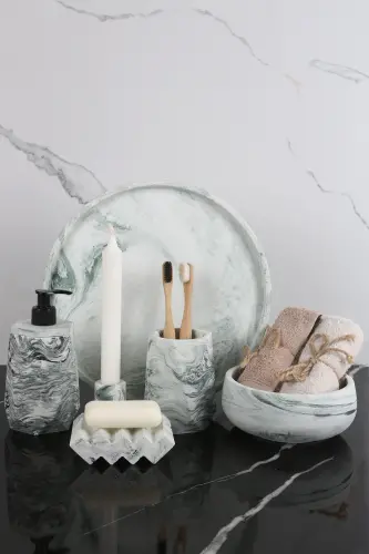 6 Piece Marble Patterned Concrete Bathroom Set Solid and Liquid Soap Dispenser Toothbrush Holder Incense Burner Towel Rack Tray-green 