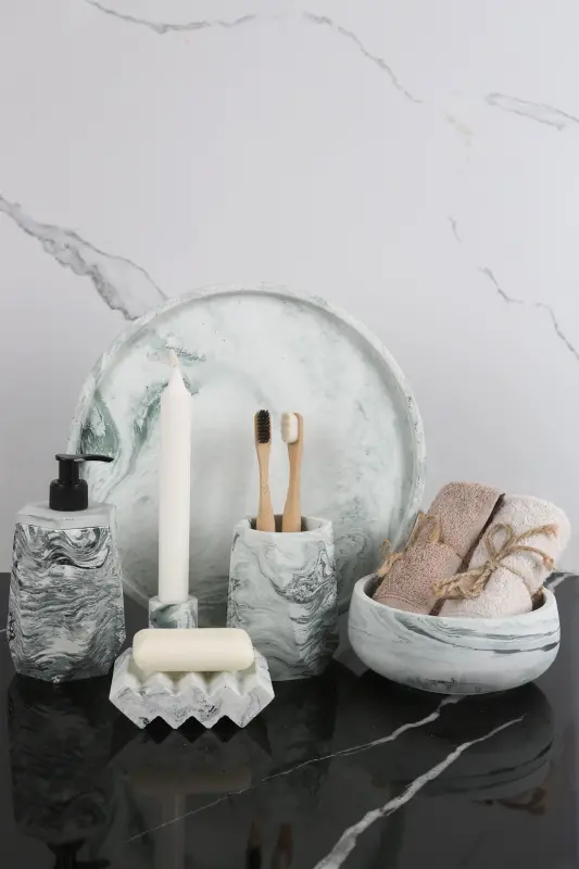 6 Piece Marble Patterned Concrete Bathroom Set Solid and Liquid Soap Dispenser Toothbrush Holder Incense Burner Towel Rack Tray-green - 1