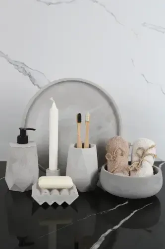 6 Piece Marble Patterned Concrete Bathroom Set Solid Liquid Soap Dispenser Toothbrush Holder Towel Holder Incense Holder Tray-Concrete Gray - 1