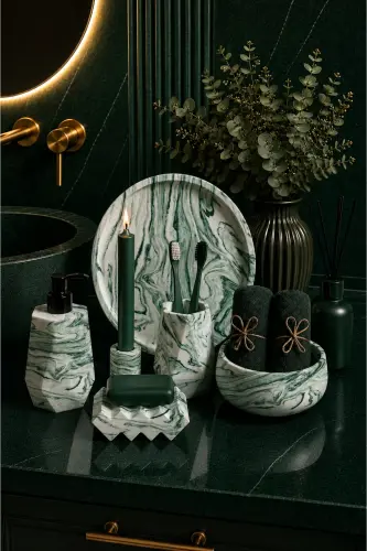 6 Piece Marble Patterned Decorative Concrete Bathroom Set-Green 