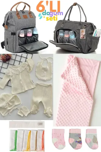 6-Piece Maternity Hospital Set (HOSPITAL DISCHARGE, BABY CARE SHOULDER AND BACKPACK, BLANKET, SOCKS, HANDKERCHIEF SET) - Grey-Cream 