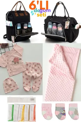 6-Piece Newborn Set (HOSPITAL OUTFIT, BABY CARE SHOULDER AND BACK BAG, BLANKET, SOCKS, HANDKERCHIEF SET) - Black 